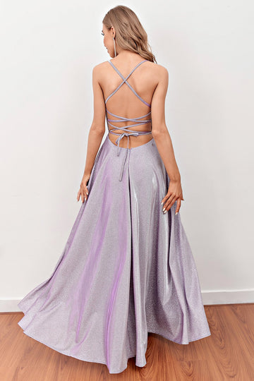 Lilás Deep V Pescoço Longo Vestido de baile longo com correias cruzadas